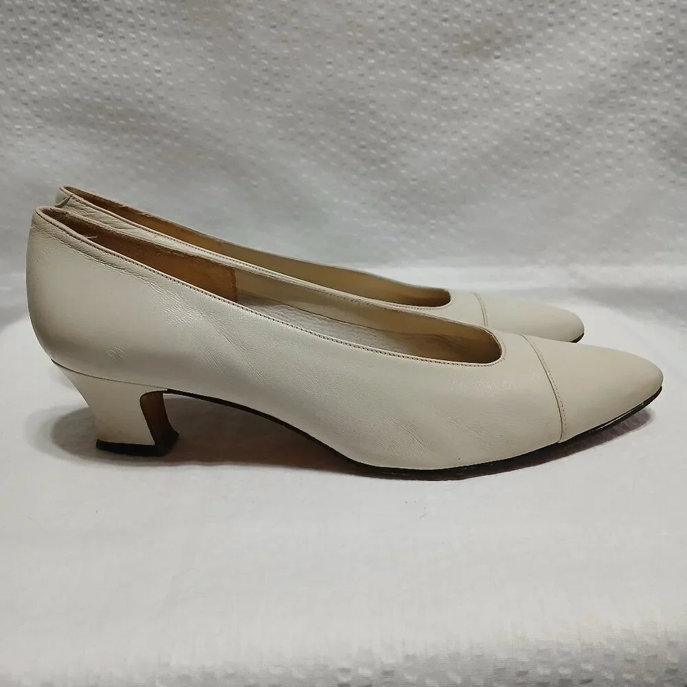 EVAN PICONE RAFFI CREAM NAPPA LEATHER SLIP ON PUMPS BLOCK HEEL SIZE 7.5
